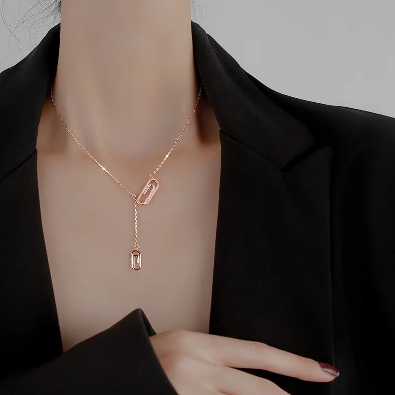 Zircon Paperclip Pendant Necklace GT Collier En Argent Trendy Crystal Charm Clavicle Chain Paper Clips Necklaces for Women