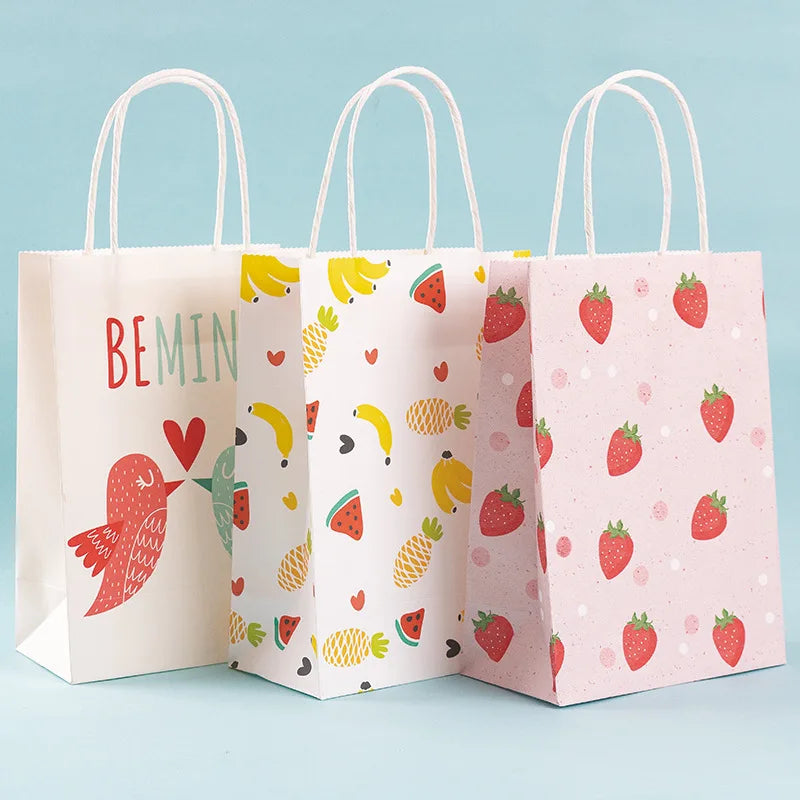 Wholesale Gift Packaging Bag Children's Cute Fruit Cartoon Pattern Baking Kraft Paper Tote Bag for Candy Package