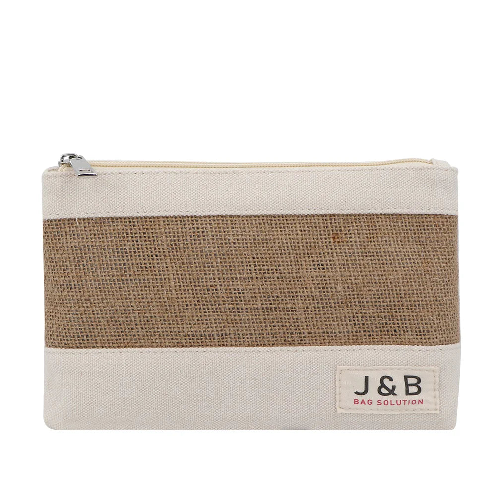 Factory Custom Eco Friendly Natural Jute Cotton Canvas Cosmetic Bag with Personalized Logo Hessian Zipper Pouch Makeup Gift Bag