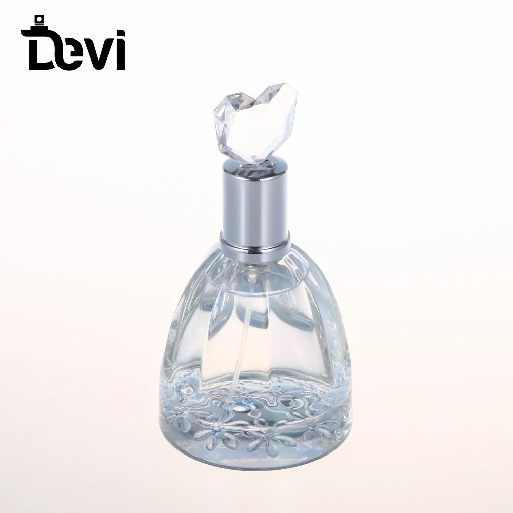 Devi Customized Perfume Bottle with Heart-Shaped Alloy Lid 45ml Capacity Hot Stamping Pump Sprayer