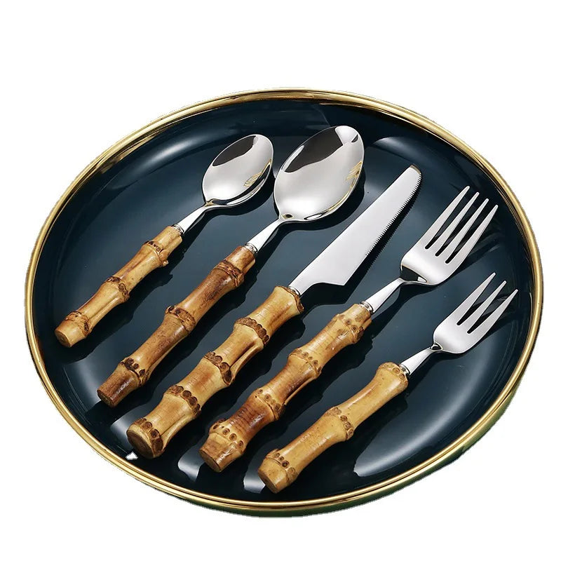 Portable Travel Stainless Steel Cutlery Set with Bamboo Handle for Party Tableware