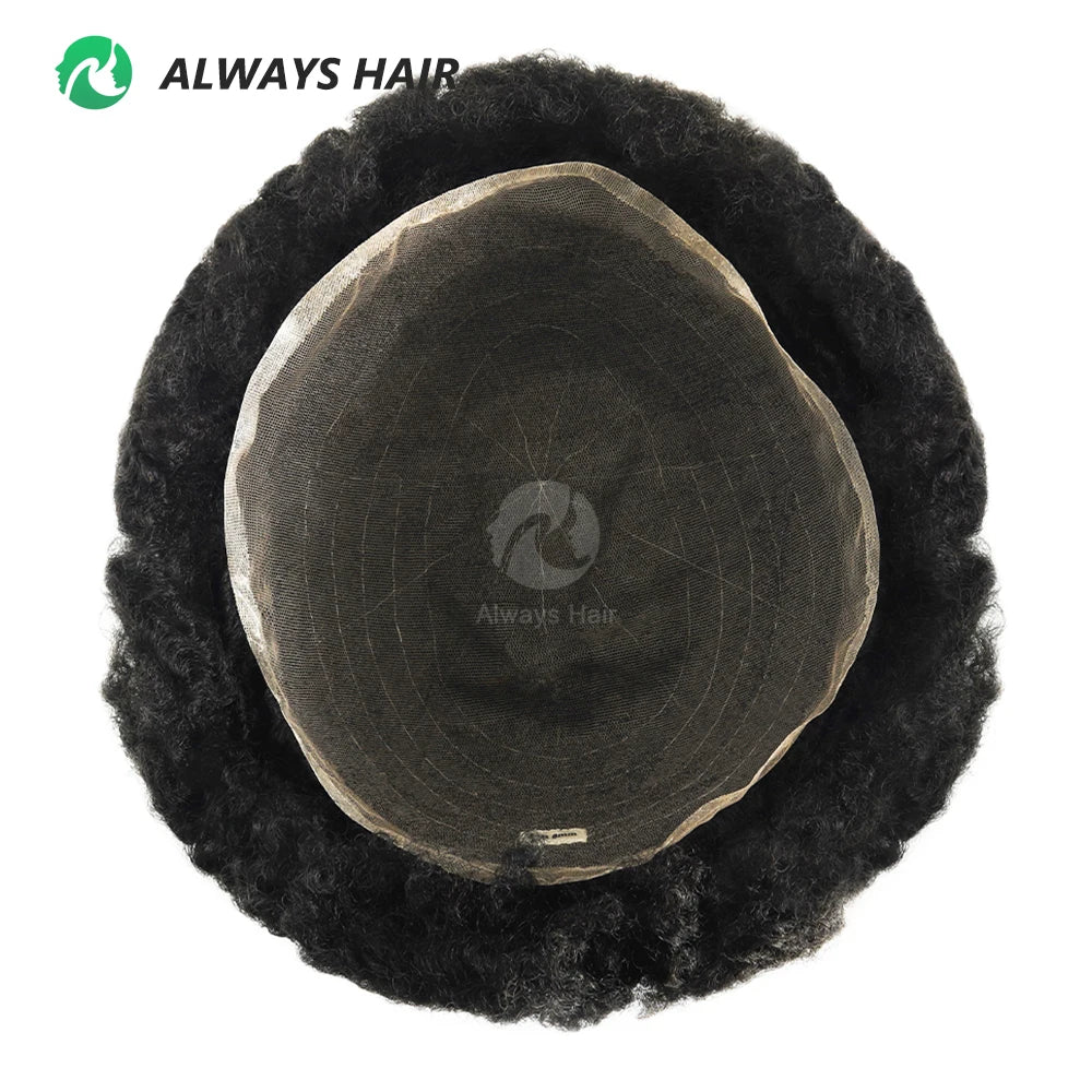 Alwayshair French Lace 130% Density Indian Human Hair Pieces for Men Stock Afro Wigs Toupee with Afro Curl Style