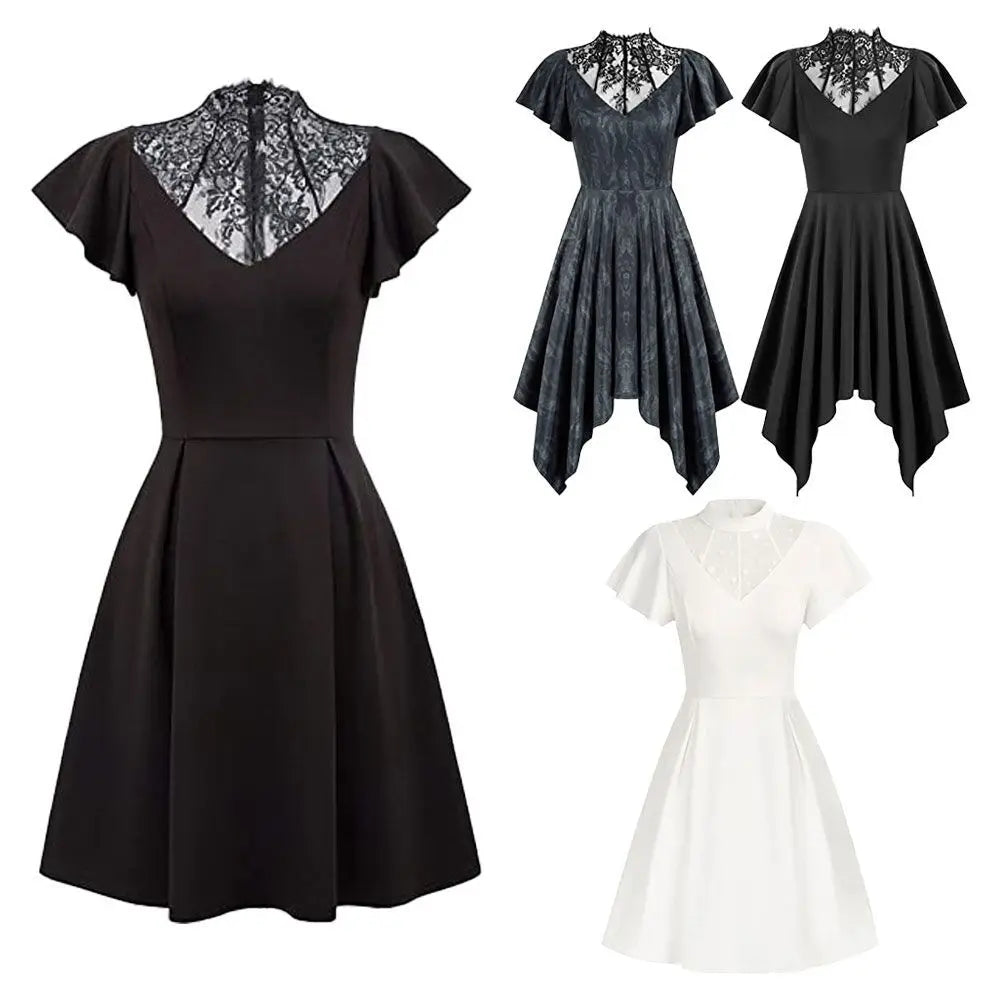 Gothic Black Dress Women Open Shoulder Half Sleeve Lace Dress for Party Club and Elegant Women Plus Size Dresses