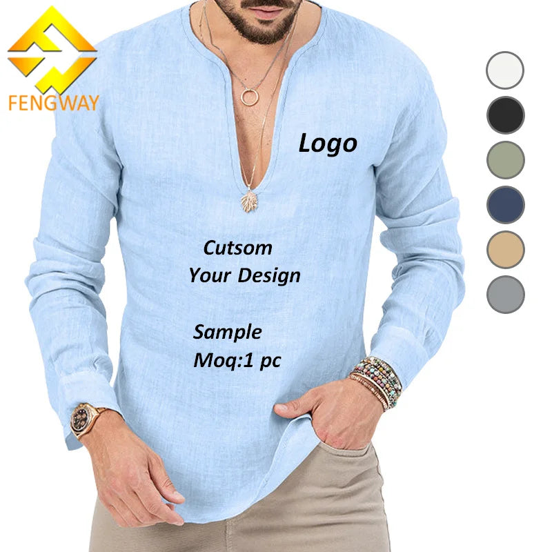 Fengway Custom Solid Color Long Sleeve TShirt Linen Regular Fit Tee Tops Blank Deep V Neck T-Shirt for Men