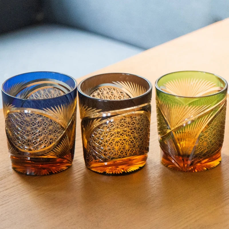 8 oz Edo Kiriko Style Japanese Rock Glass Whisky Cup Crystal-Cased Old Fashioned Brandy for Bar Hotel Wedding Table Engraving