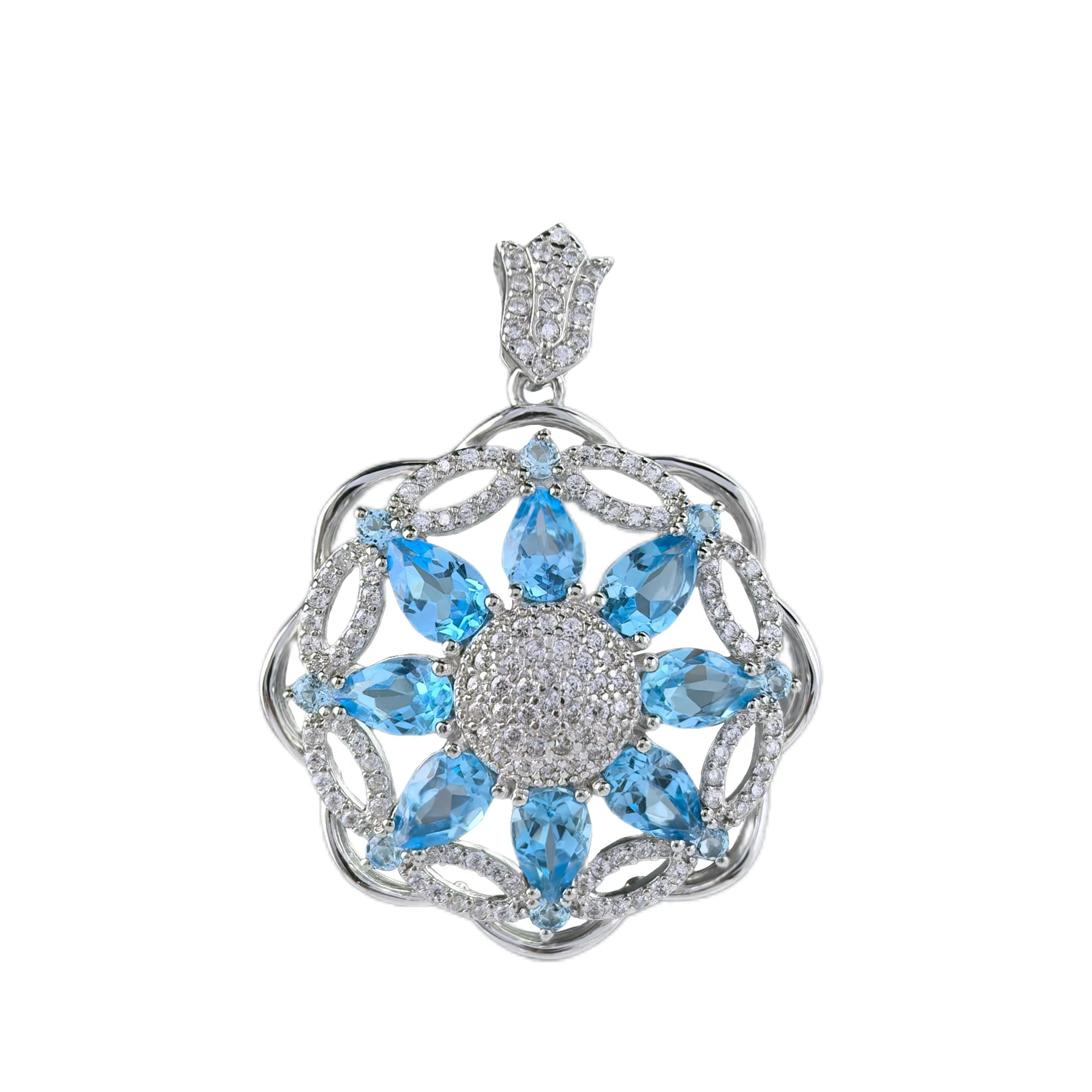 Delicate Rhodium Plated 925 Sterling Silver Natural Swiss Blue Topaz Flower Pendant for Women Gifts for Mother's Day