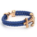 Handmade Blue Braided Leather 18K Gold Plated Zircon Hook Anchor Clasp Men's Ethnic Anniversary Bracelet