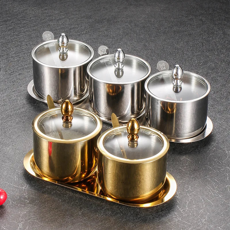 Stainless Steel Seasoning Condiment Dispenser Multifunctional  Spice Salt Sugar Container Pepper Jar Tool with Lid Spoon