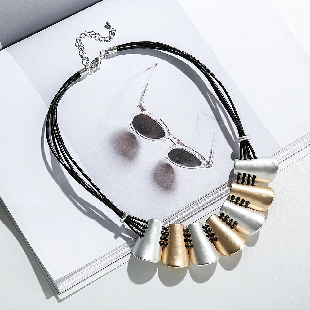 TongLing European Vintage Alloy Black Rope Strand Short Necklace Exaggerated Pendant Choker Necklace for Daily Life