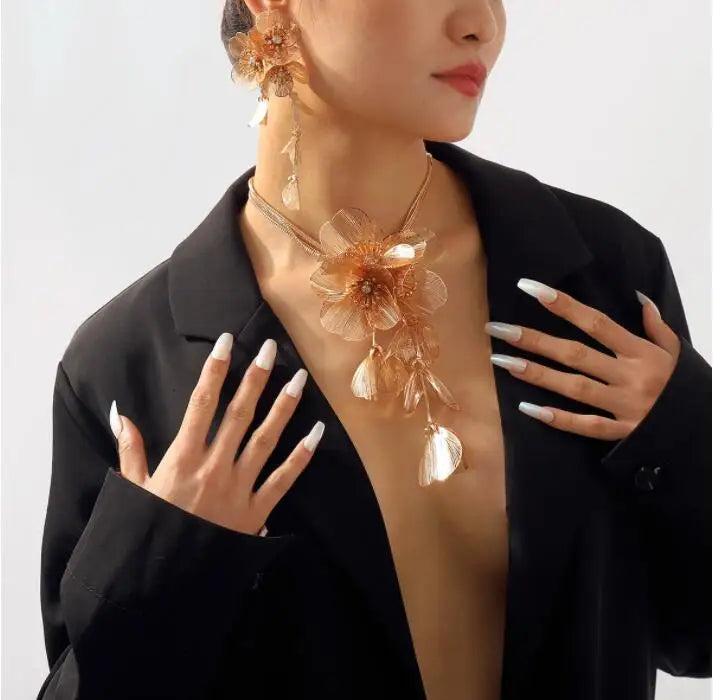 2023 Vintage ZA New Metal Crystal Rose Flower Design Gold Plated Tassel Earrings Women Big Fashion Dangle Necklace Jewelry Set