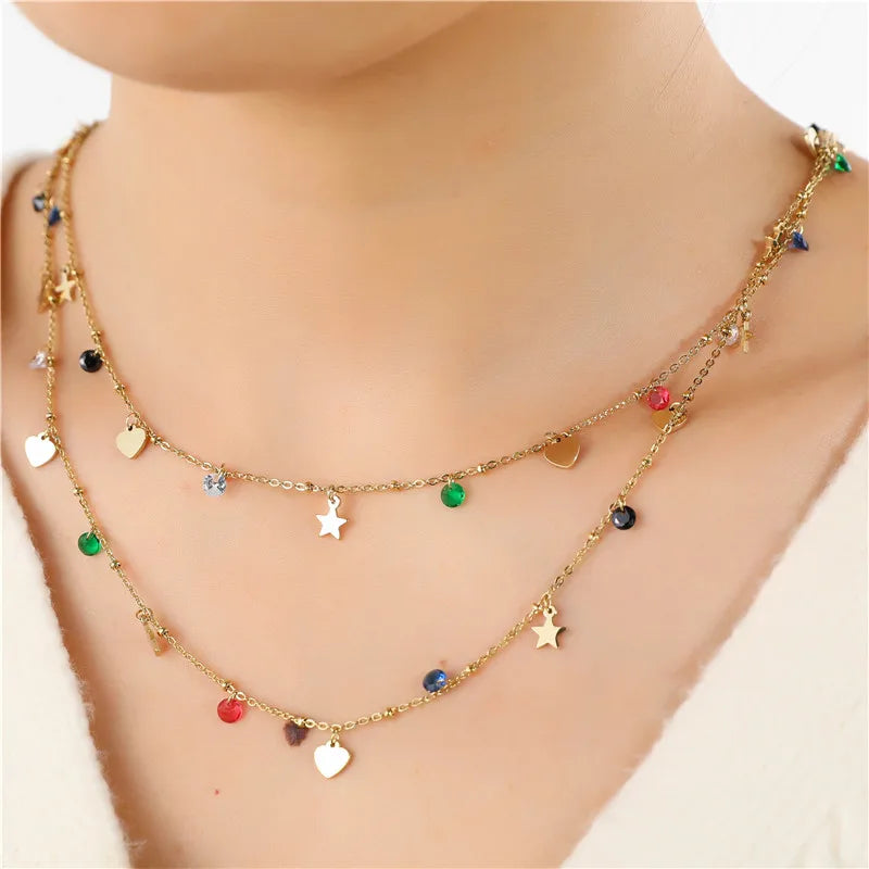 2023 Fashion Heart Star Stainless Steel Pieces Green Blue Red Small Zircon Necklace for Women