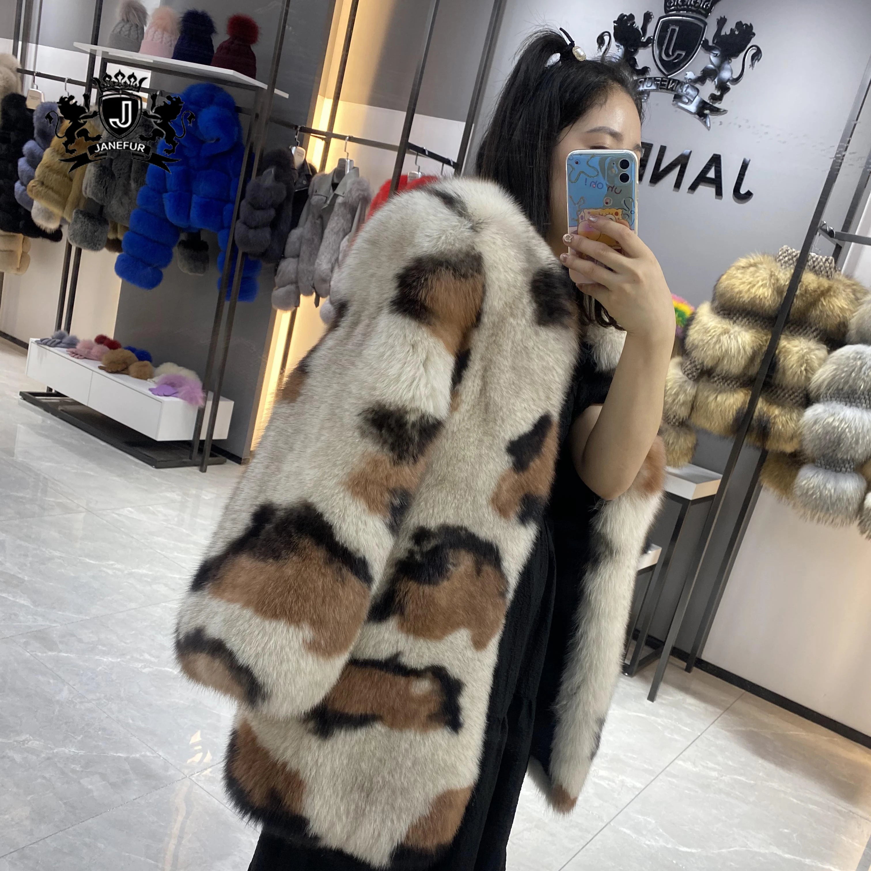 Wholesale Warm Long Style Fashion Dyed Fox Fur Coat Winter Luxury Loose Plus Size Leopard Print Real Fox Fur Coat