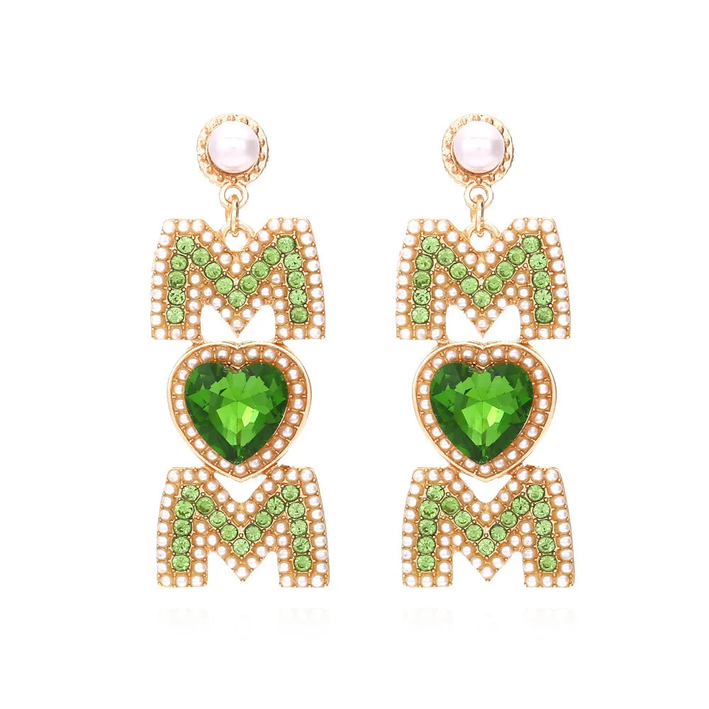 Personality Crystal Rhinestone Pearl Letter MOM Earrings