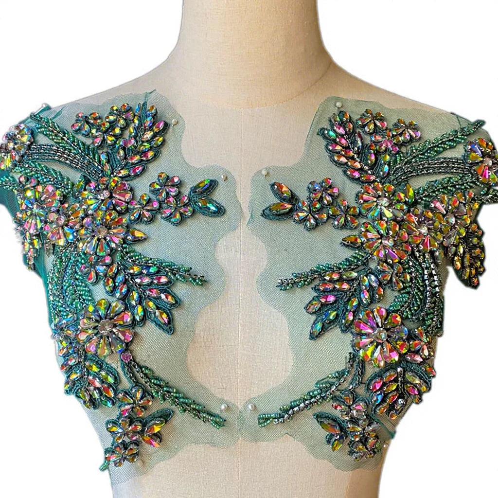 WDP-296 New Green Crystal Flower Patch 30*19cm Single Side Rhinestone Applique by Pair Fabric Lace Beads 3D Decoration Wedding