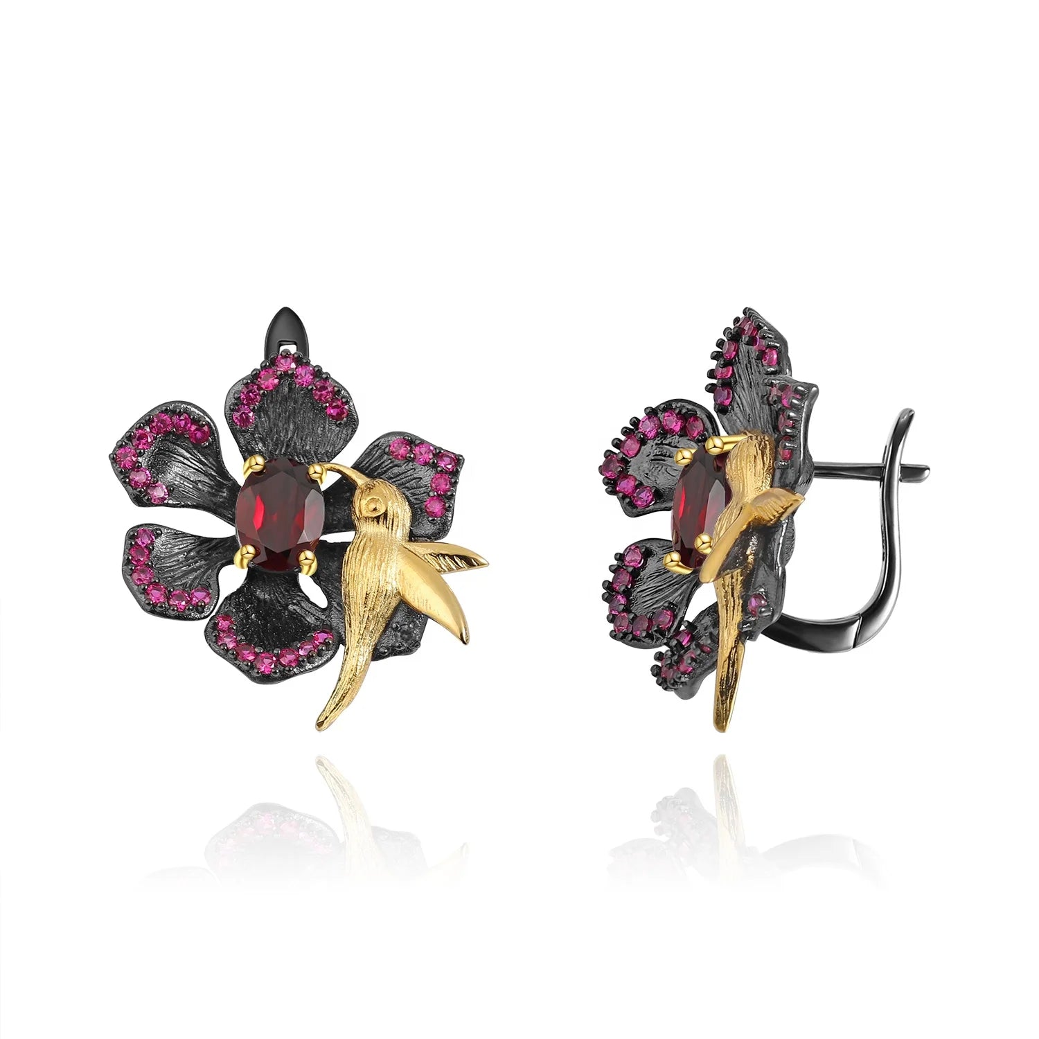 Abiding Gold Plated Bird Animal Natural Garnet Stone 925 Sterling Silver Flower Earrings Jewelry for Women