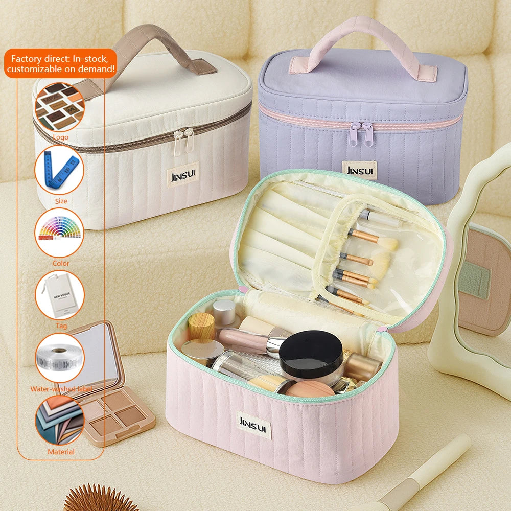Large-capacity Minimalist Vertical-striped Makeup Bag High-end Handbag for Travel and Makeup Storage.