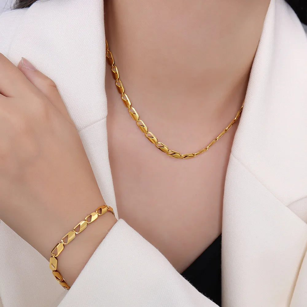 European Simple Stainless Steel 18K Gold Chain Necklace Bracelet Jewelry Set Women Spot Wholesale Custom