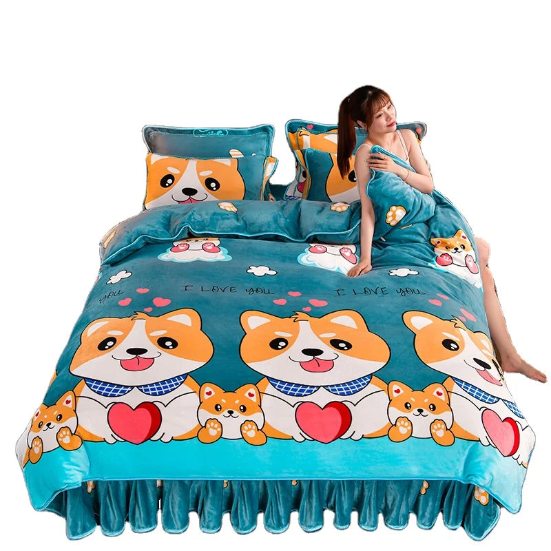 Hot Selling Polyester Quilt  Flannel Comforter Cartoon Pattern Bedding Set