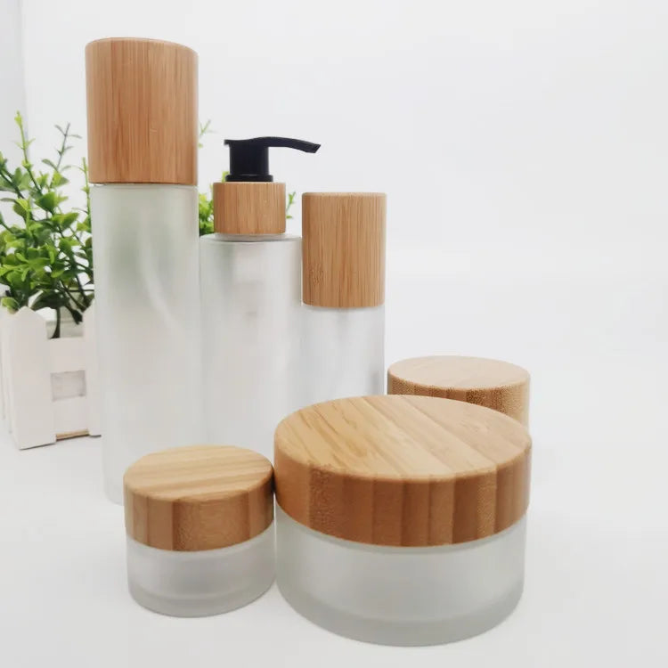 30ml 50ml 100ml 120ml 150ml Bamboo Cosmetic Packaging Cosmetic Glass Bottles and Jars with Bamboo Spray Lotion Lid