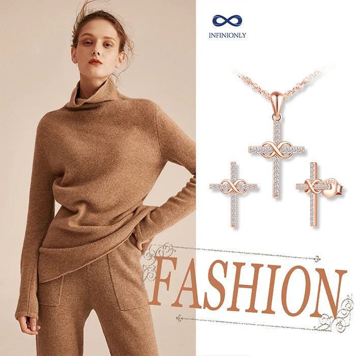 Christian Gift Solid 925 Silver Infinity Cross Necklace and Earring Set Jewelry Sets