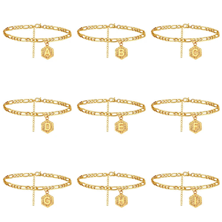 Y264 Wholesale Tobillera Gold Plated Stainless Steel Chain Copper Charm 26 Initial Letter Pendant Women Fashion Jewelry Anklets