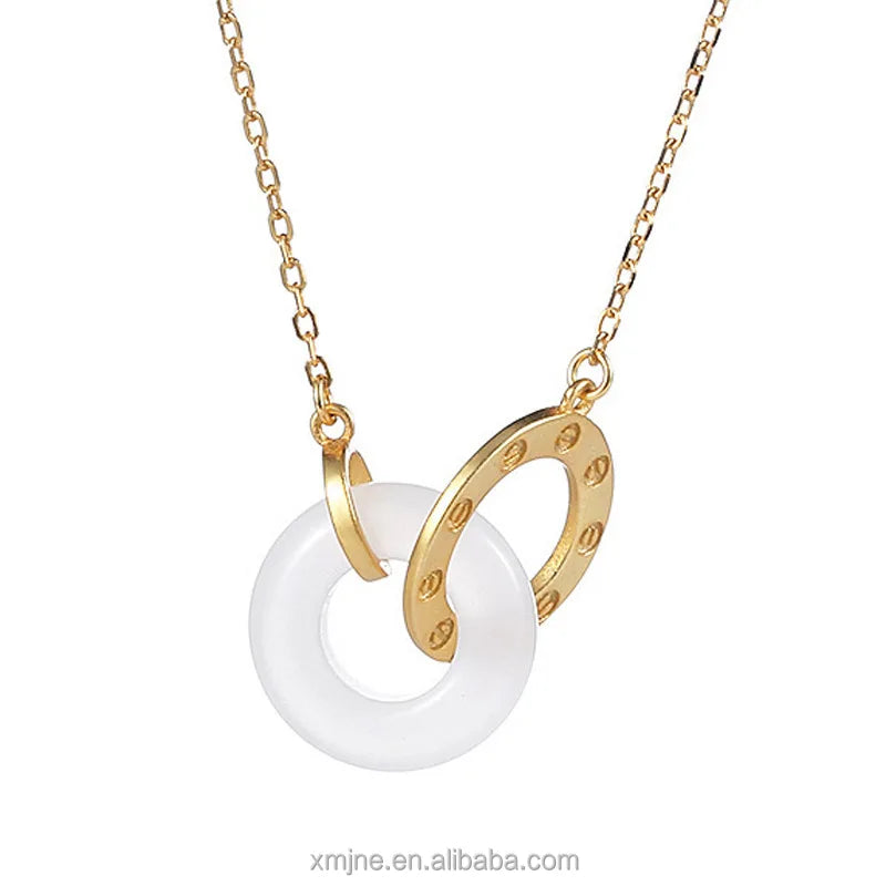 Certified S925 Ancient Silver Gold Plated Jade Natural Hetian Jade Pendant Interlocking Necklace Buckle Women's Accessories