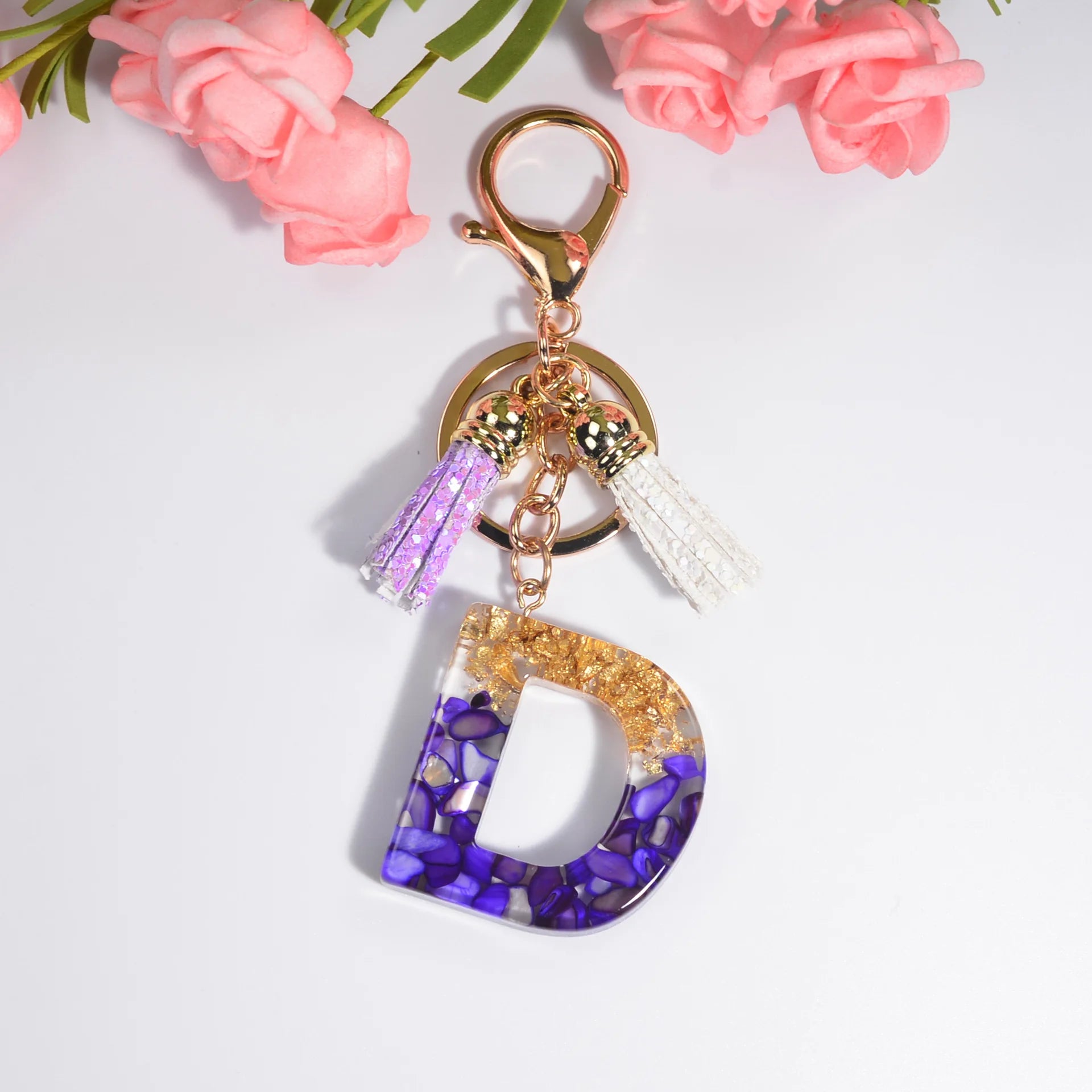 2023 New Arrivals Purple Crystal Keychain Resin A-Z Letters Keychain Tassel Tepoxy Keychain for Bag Car Key
