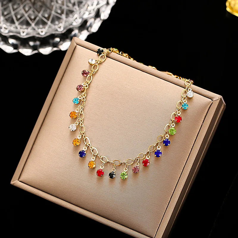 Lady Silver Gold Colorful Crystal Tassel Anklets Summer Beach Zircon Link Ankle Foot Jewelry for Women Tassels Rhinestone Anklet