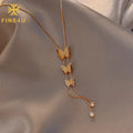 Women New Design Long Elegant Rose Gold Plated Diamond Stainless Steel Butterfly Pendant Necklace