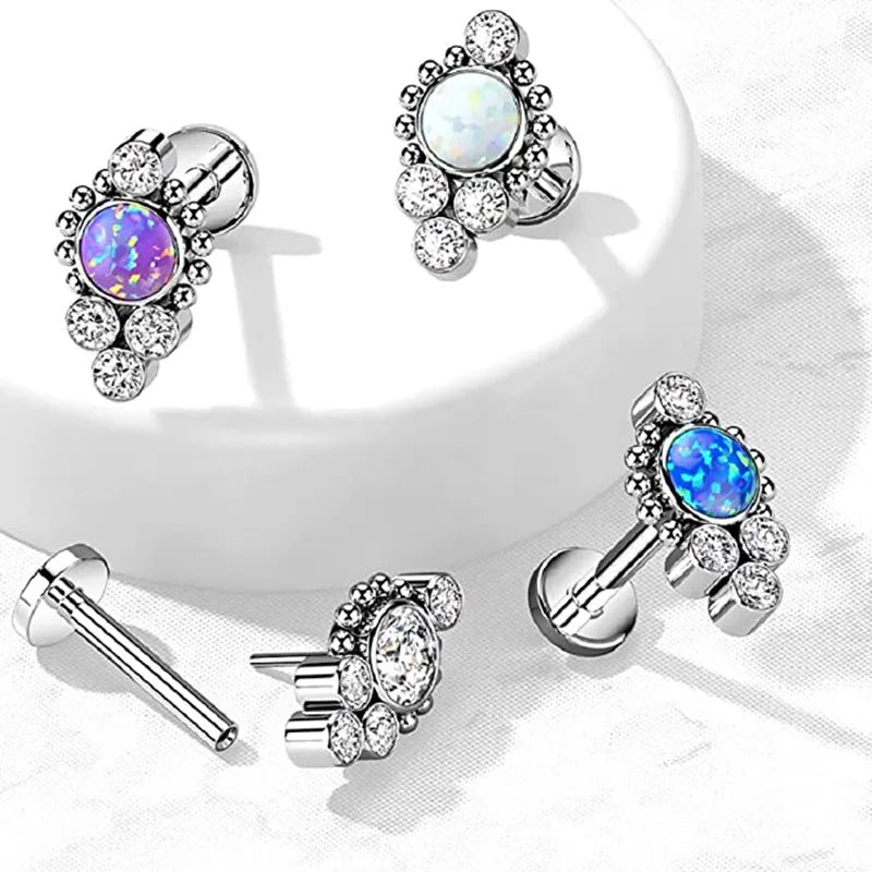 Luxury Opal Spiral Earrings Piercing G23 Titanium Perforated Facial Skin Labret Body Jewelry