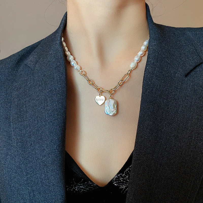 Fashion Irregular Baroque Pearl Necklace Love Letter Pendant Necklace for Women