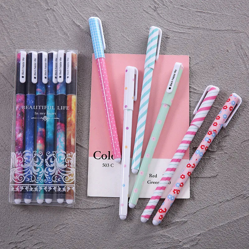 6Pcs/Lot a Variety of Design Cute Gel Pen Colored Ink Pens Set Cute 0.5mm Writing for Boy Girl Office School Stationery Set