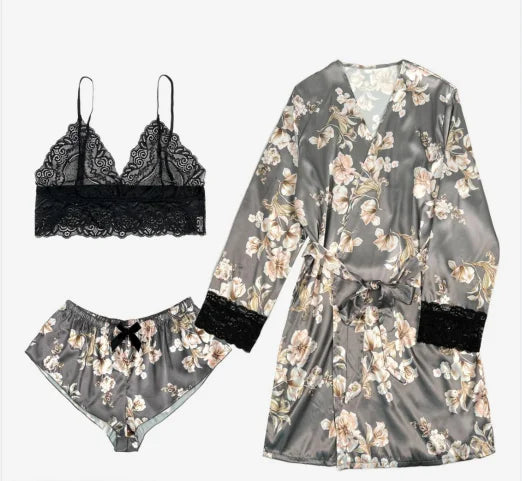 Wholesale Women Custom 4 Pcs Set Pyjamas Shorts Bra Sleepwear Loungewear Floral Sexy Bathrobe Satin Silk Pyjamas