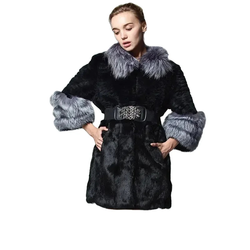MWFur Outwear for Fashion Lady Winter Rabbit Fur Coat for Women Fashion Rabbit Fur Coat Fox Collar Belted Fox Cuff