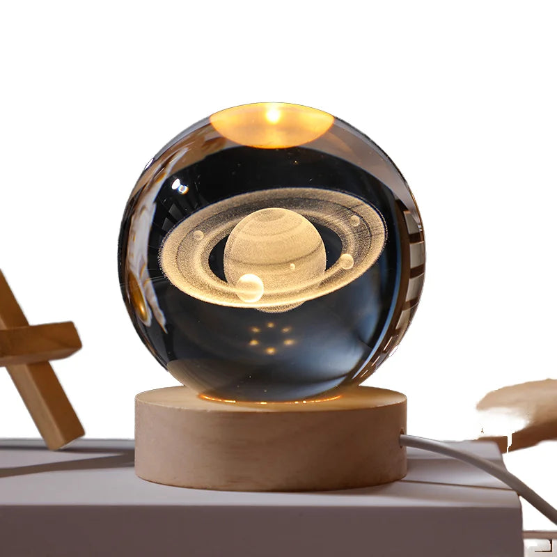 Modern 3D Wood Night Light with Warm LED Light Source Soft Crystal Ball Lamp for Bedroom Christmas Decor Planet Base Lamp