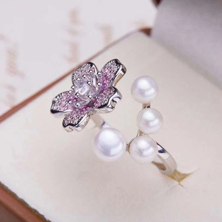 High-End Unisex Full-Finger Sakura Ring with Freshwater Pearls Tempered Glass Fine Ring for Wedding Anniversary & Gifts