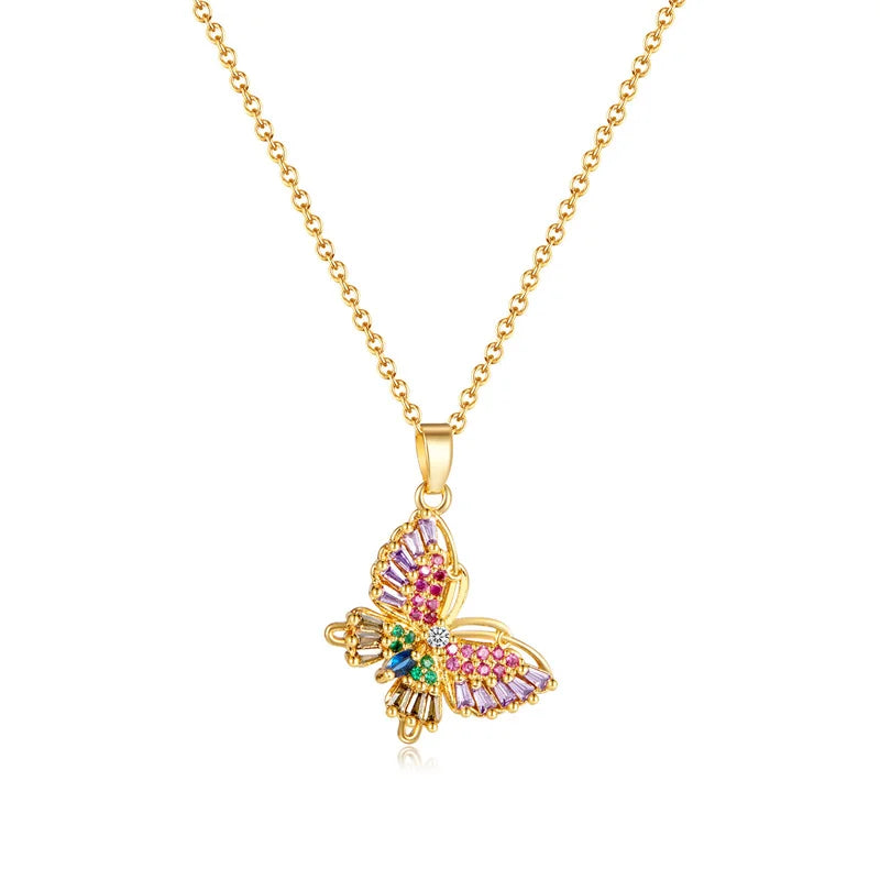 Personality Hip Hop Fashion Jewelry Colorful Necklace Dainty Butterfly Zircon 18K Gold Plated Necklace for Women
