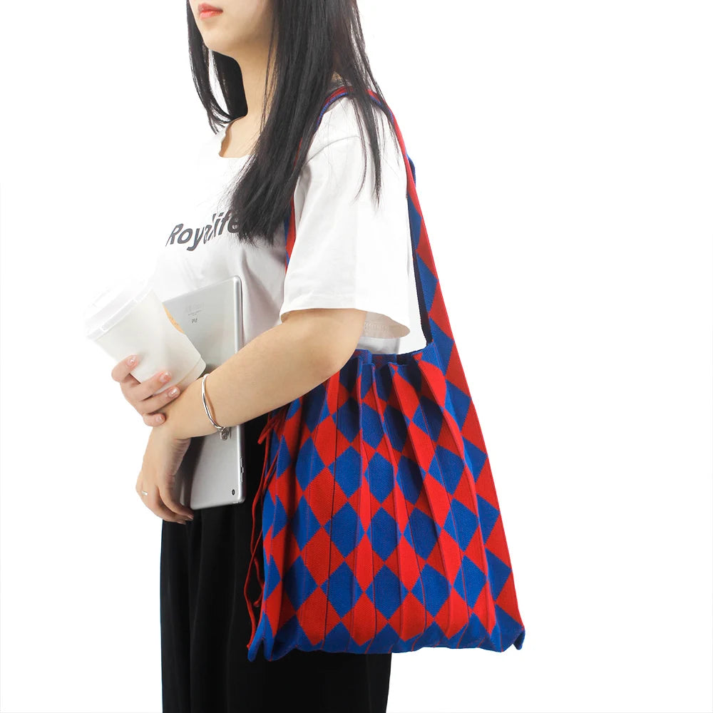 Factory Wholesale Women's Lady Fashion Geometric Knitted Crochet Foldable Reusable Shopping Bags Two Handles Open Vintage