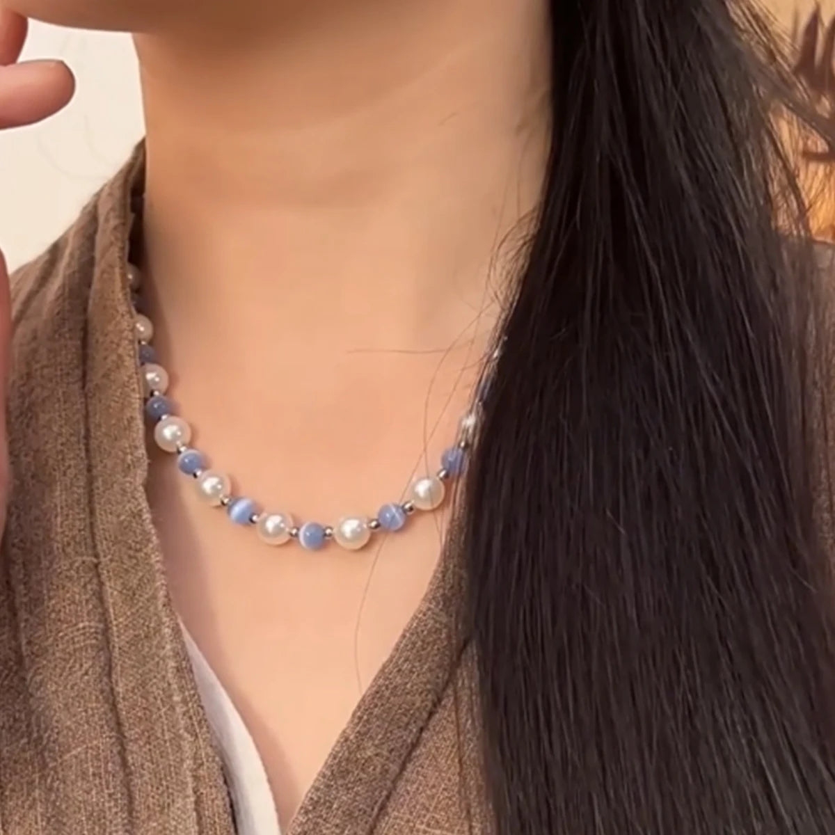 Hot Sale Natural Stone Blue Aventurine Jade Freshwater Pearl Crystal Necklaces Fashion Beaded Necklaces