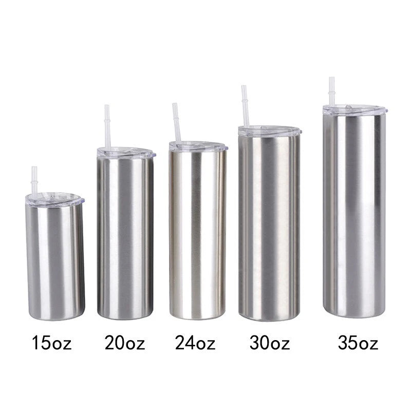 12oz 15oz 20oz 30oz Stainless Steel Cups Steel Color Double Walled Vacuum Straight Skinny Tumbler With Lids
