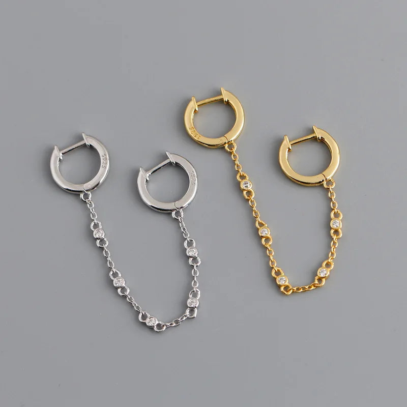 New Design 925 Sterling Silver Earrings Double Circle-shaped Chain Tassel Chain 18k Gold Plated Ear Cuff Earrings