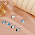 Retro Trendy Female Checkerboard Love Pendant Metal Earrings and Neck Lace Beads Heart Necklace Set