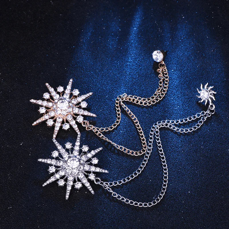 Stars Crystal Brooch Collar Lapel Pin With Chain for Men Suit Brooches Women Fashion Jewelry Brooches Pin Badges Wholesale