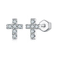 White Gold Plated Moissanite Cross Earrings for Women 925 Sterling Silver Small Religious Faith Cross Studs Huggies