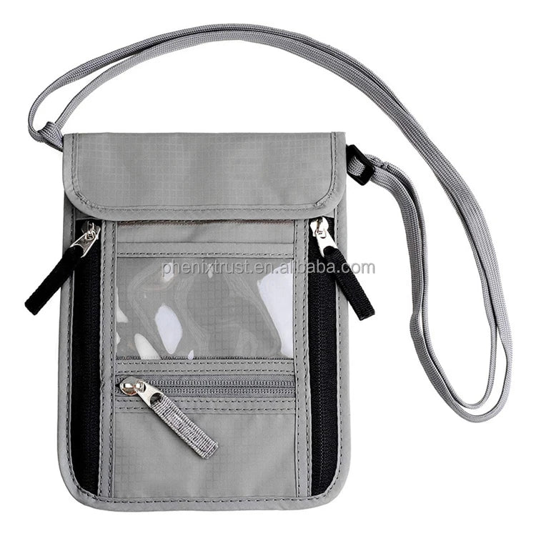 Hotsale RFID Waterproof Polyester Passport Travel Document Wallet with Customized Logo Neck Pouch and Adjustable Strap