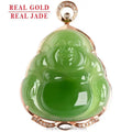 Certified Grade a Spinach Green Hotan Jade Green Jade Buddha 18K Gold Inlaid Pendant Natural Jade Necklace for Men and Women