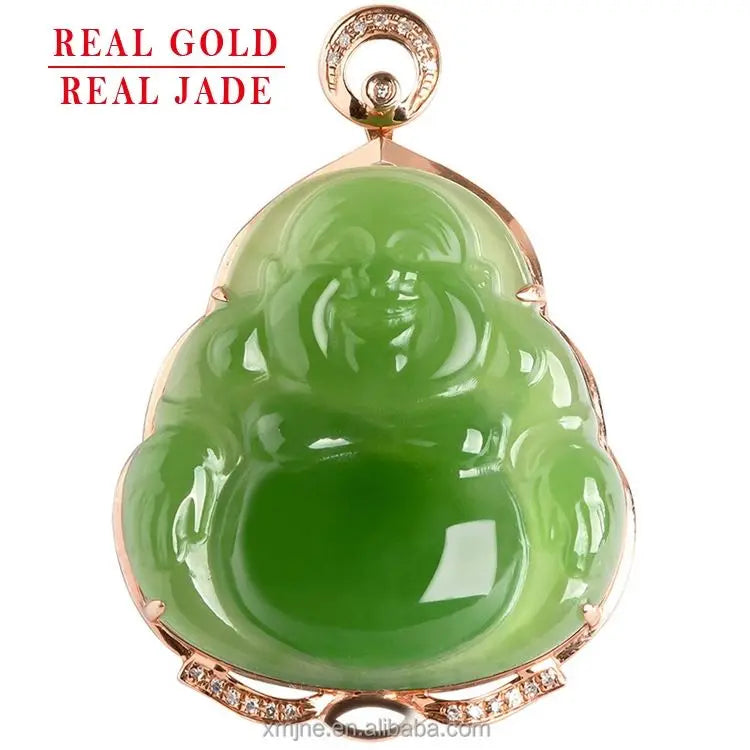 Certified Grade a Spinach Green Hotan Jade Green Jade Buddha 18K Gold Inlaid Pendant Natural Jade Necklace for Men and Women