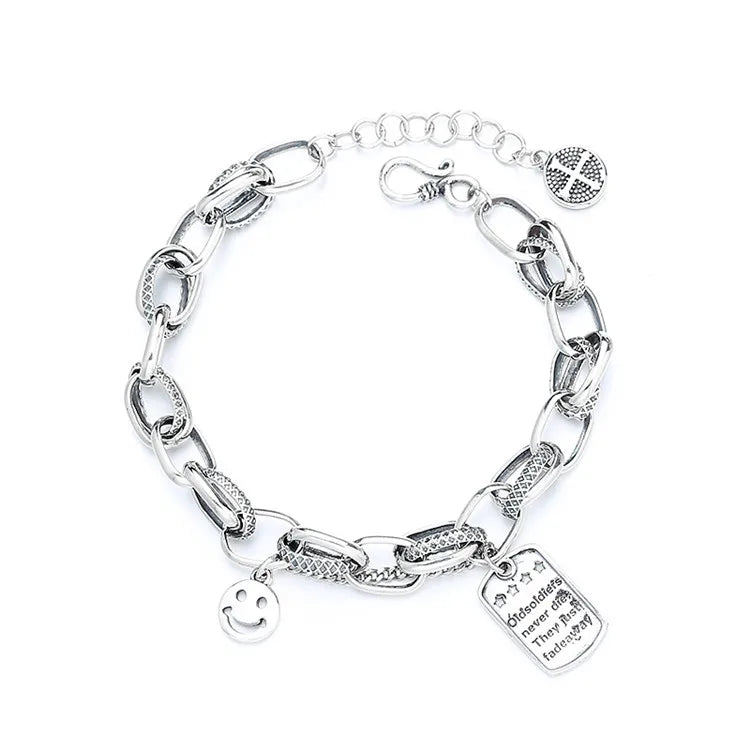 Unique Geometric Square Smile Charm Pendant 925 Sterling Silver Bracelet