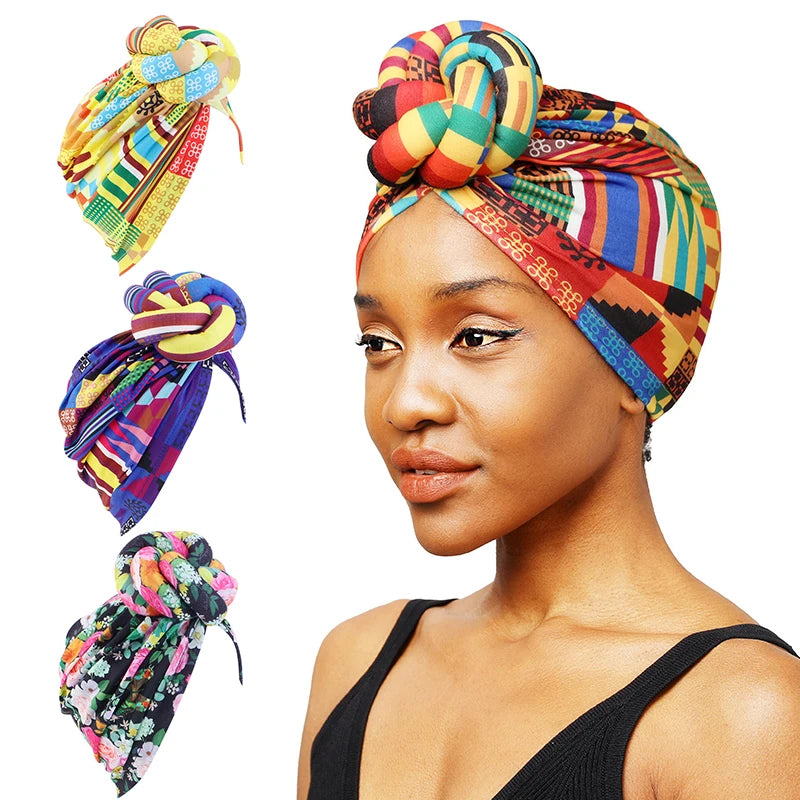 Single Layer Polyester Elastic Top Knotted Pattern Fashion Headwrap African Turban for Women