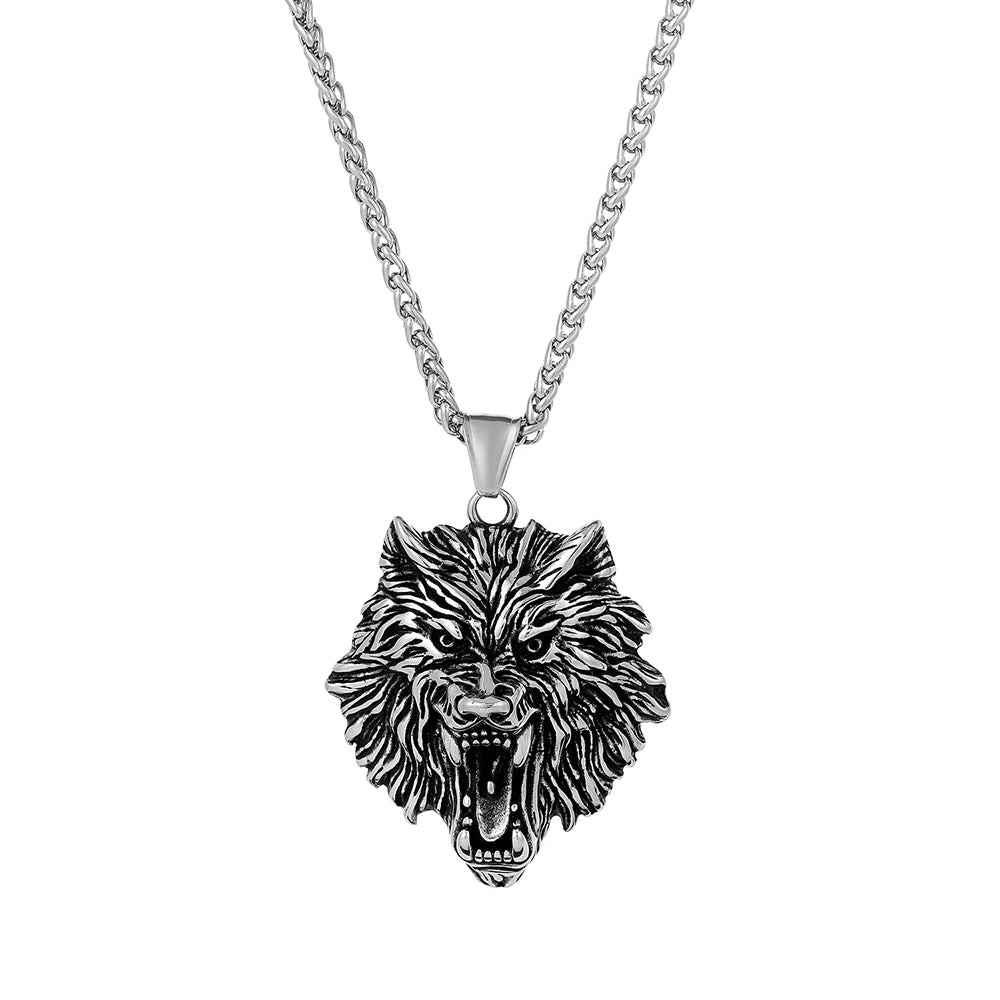 Men's Stainless Steel Wolf Pendant Vintage Gothic Viking Tribal Wolf Necklace Punk Style Fierce Amulet Wolf Head Jewelry